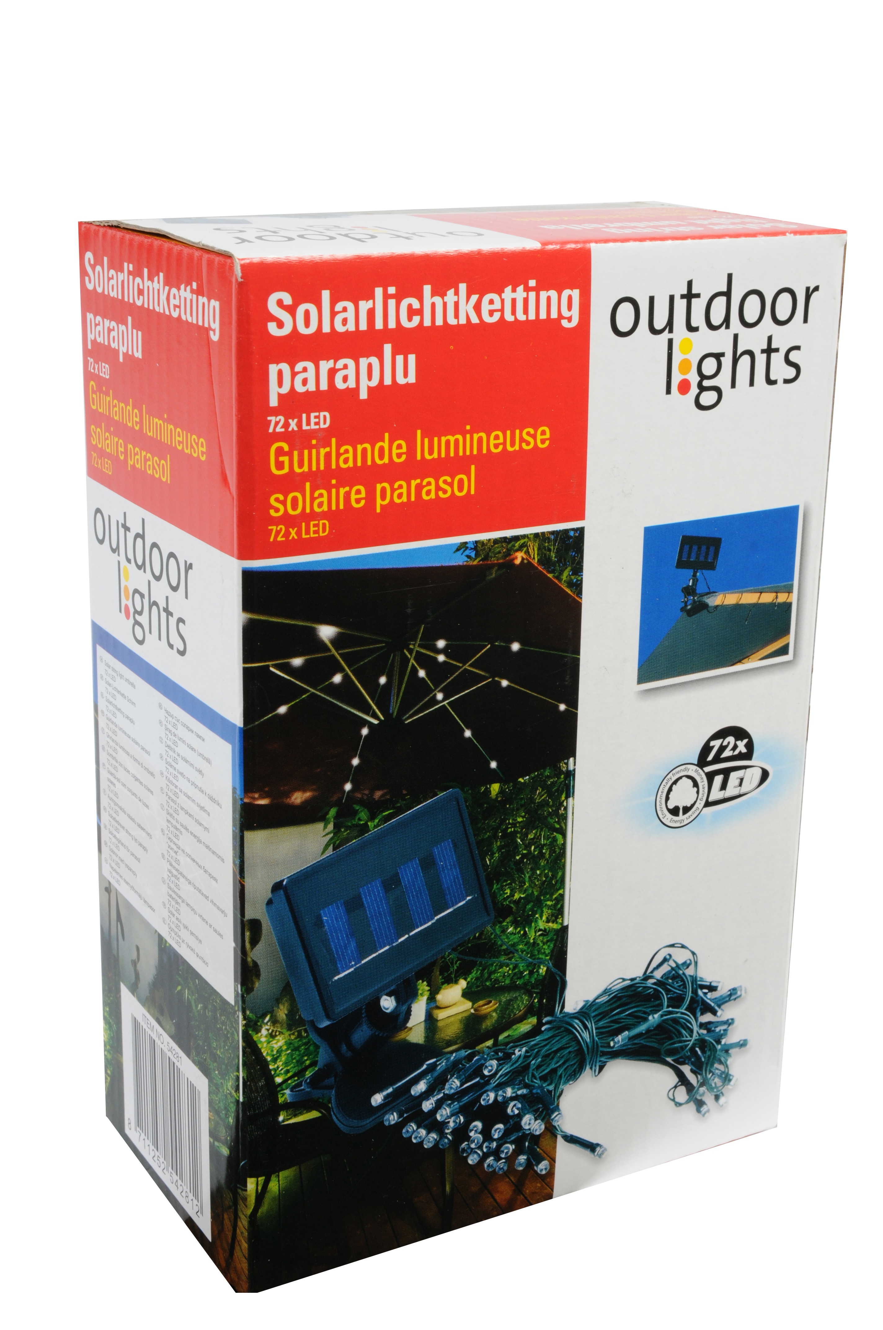 Parasoll belysning upplyst av 72 LED-lampor solcellsdrivna