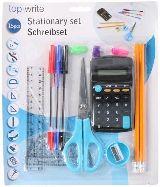 Kontorskit med pennor, sax, linjal och miniräknare
