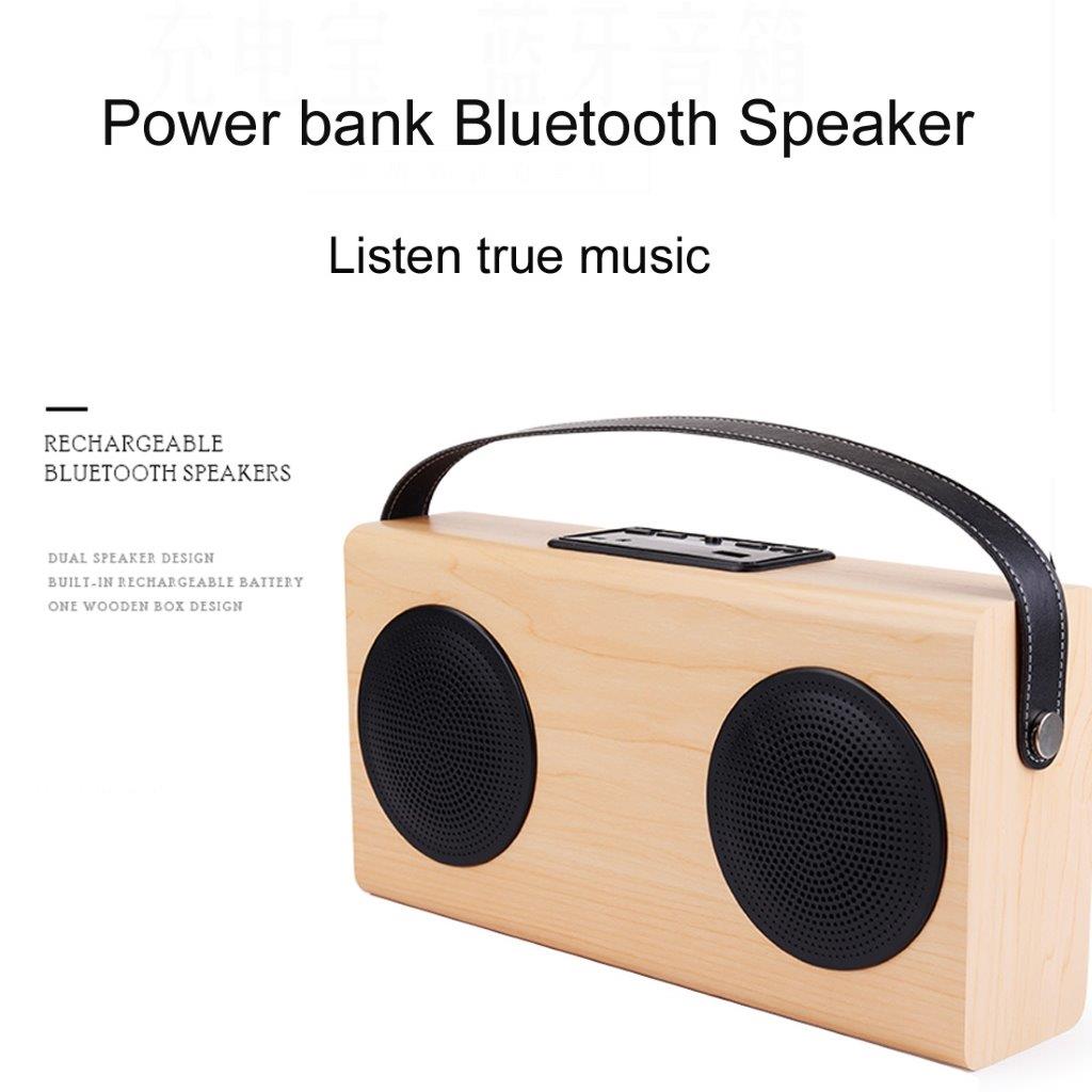 Portabel Trä Bluetooth högtalare AUX Line In & FM & USB Power Bank