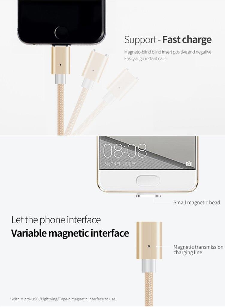 Smart Magnetisk usb laddkabel med LED - Micro usb / iPhone / Usb Typ C, 1m