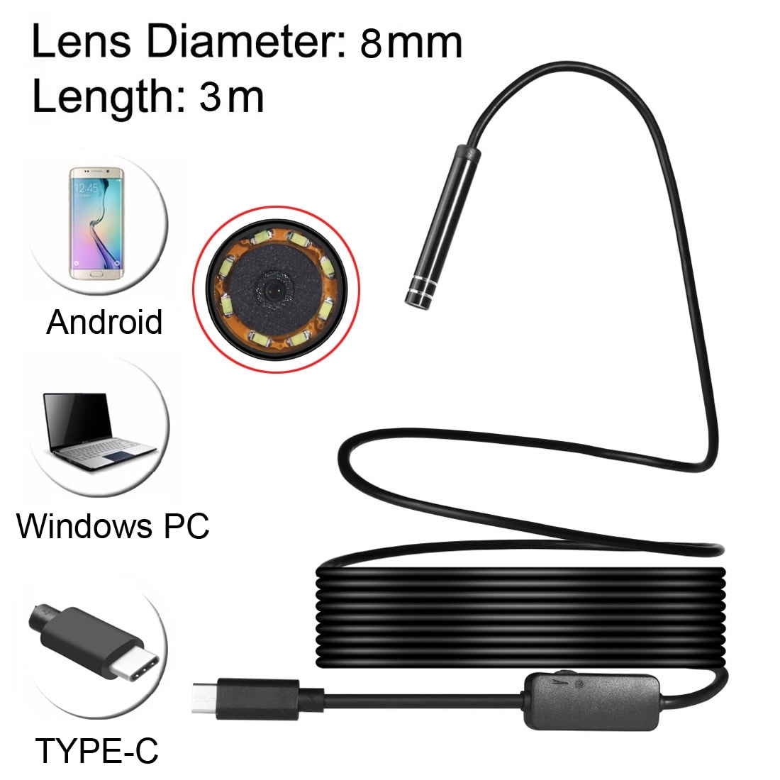 Inspektionskamera USB Typ-C med 8 LED & USB Adapter - 3 meter / 8mm
