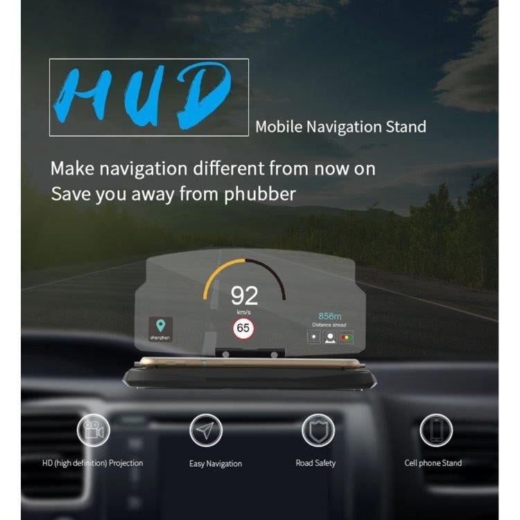 Universal HUD – reflektions-skärm och hållare för mobil eller GPS i framrutan