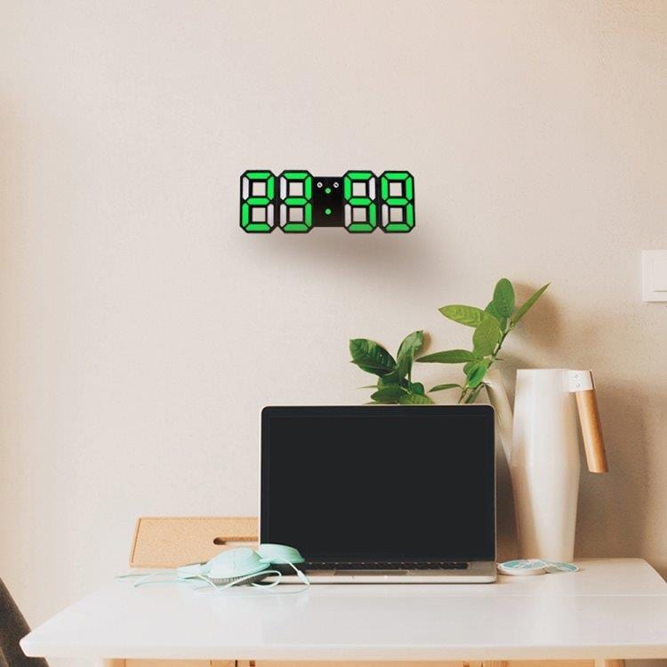 Stor digital väggklocka / väckarklocka i 3D med gröna LED-siffror - Multifunktion