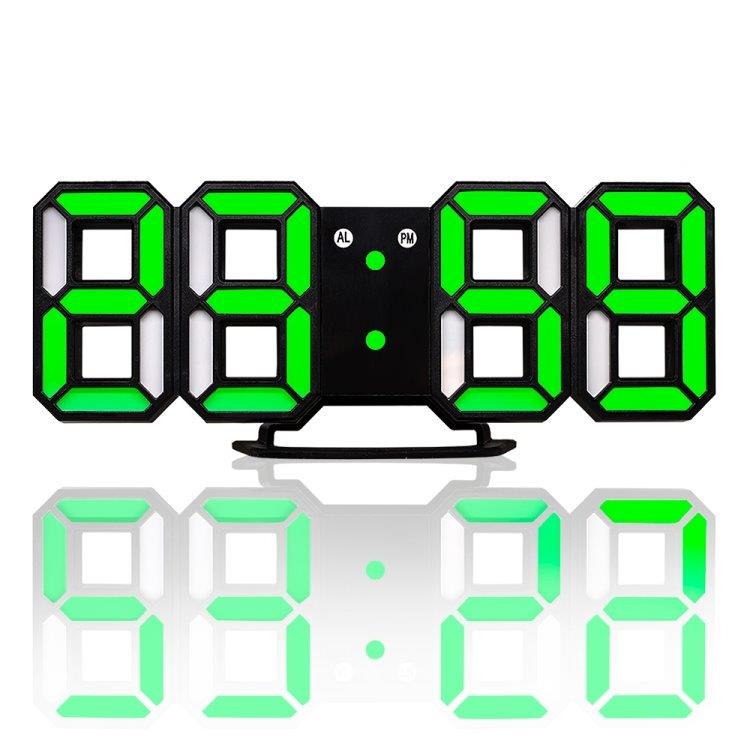 Stor digital väggklocka / väckarklocka i 3D med gröna LED-siffror - Multifunktion