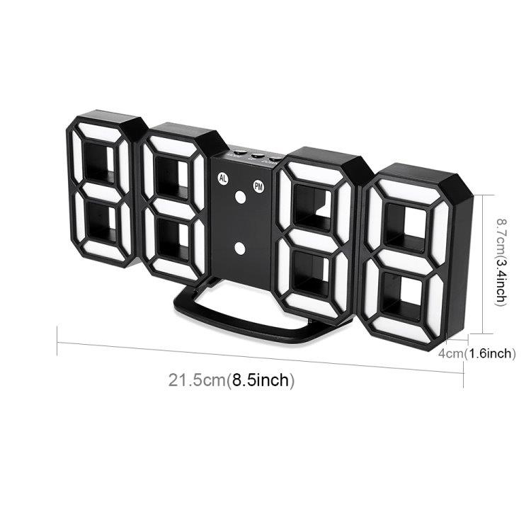 Stor digital väggklocka / väckarklocka i 3D med vita LED-siffror – Multifunktion