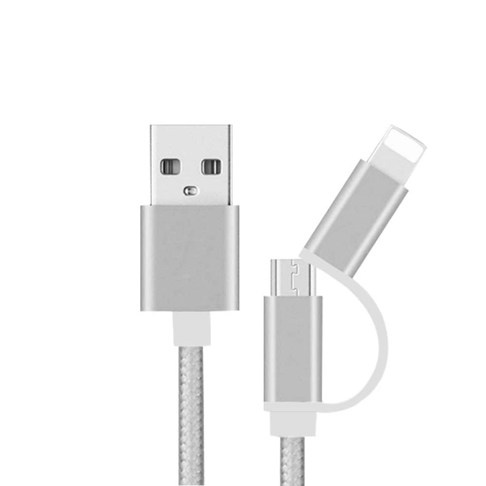 Flätad datakabel Micro USB och Lightning kontakt - Silver