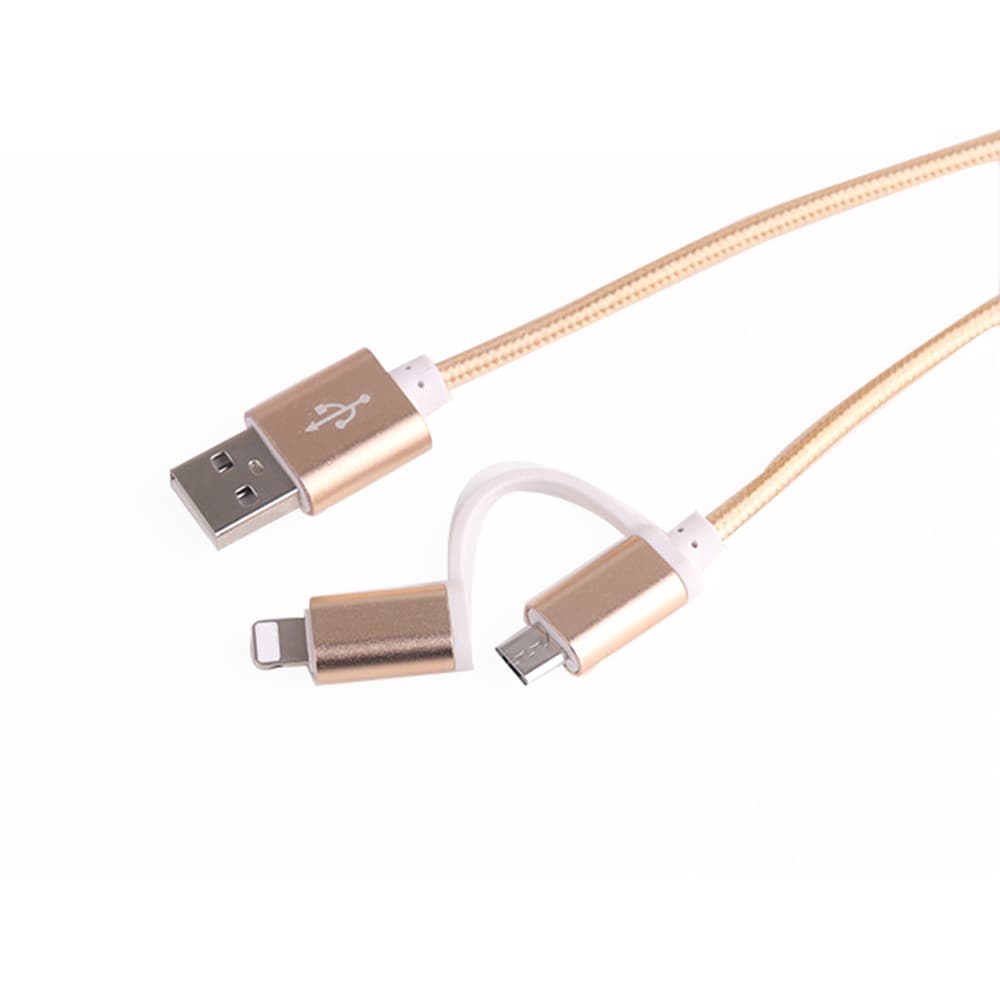 Flätad datakabel Micro USB och Lightning kontakt - Guld