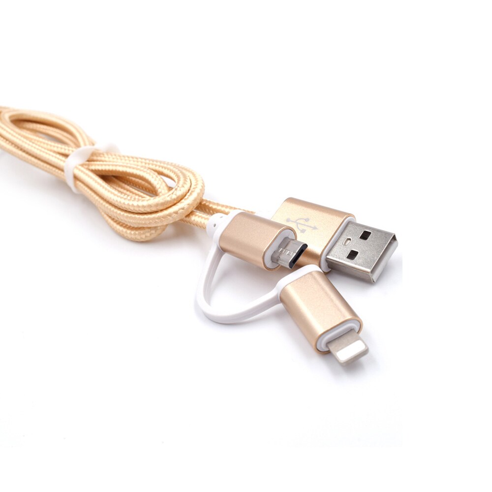 Flätad datakabel Micro USB och Lightning kontakt - Guld