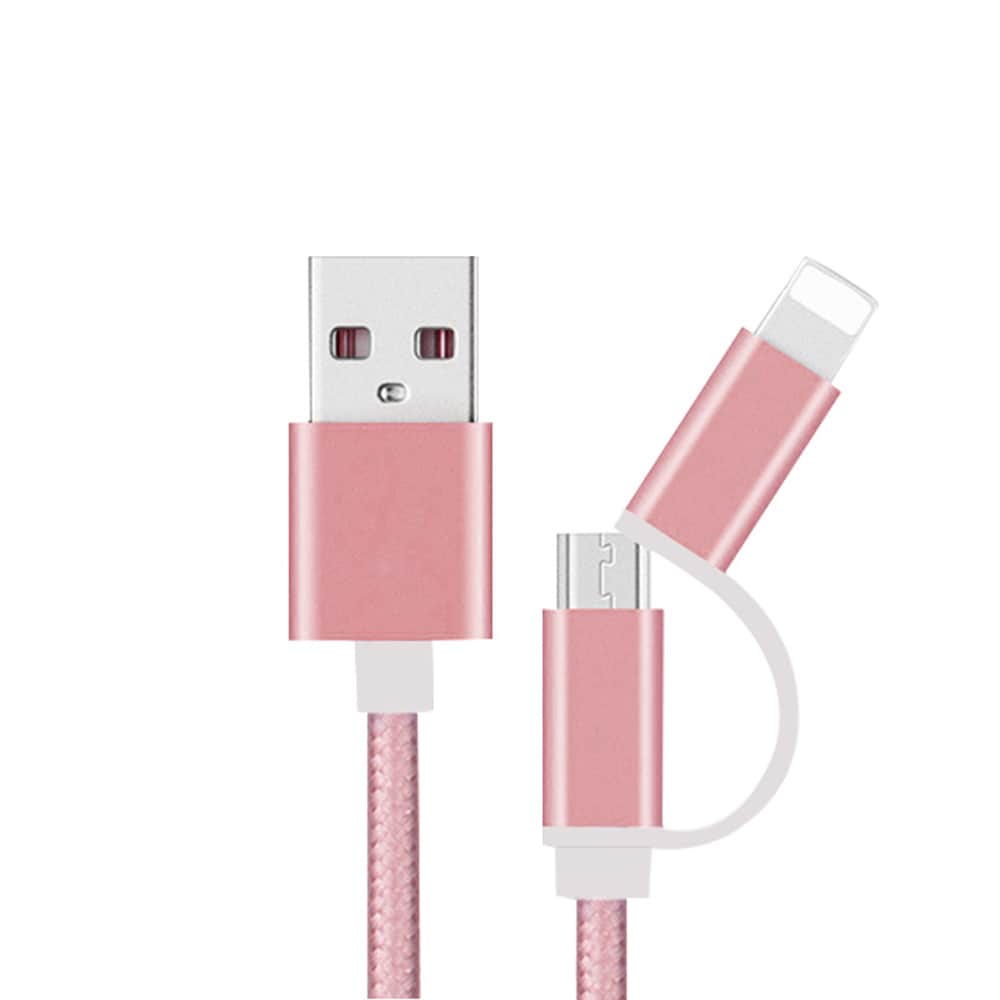 Flätad datakabel Micro USB och Lightning kontakt - Rose Guld