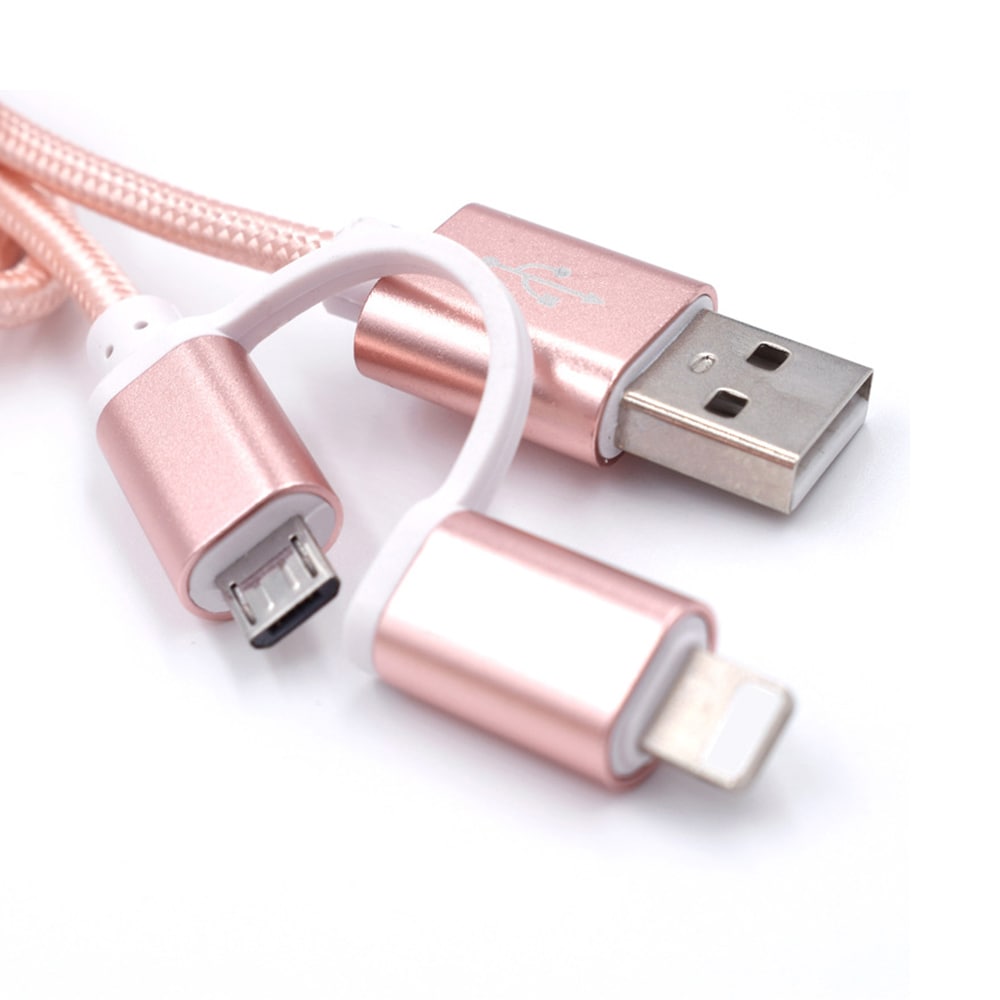Flätad datakabel Micro USB och Lightning kontakt - Rose Guld