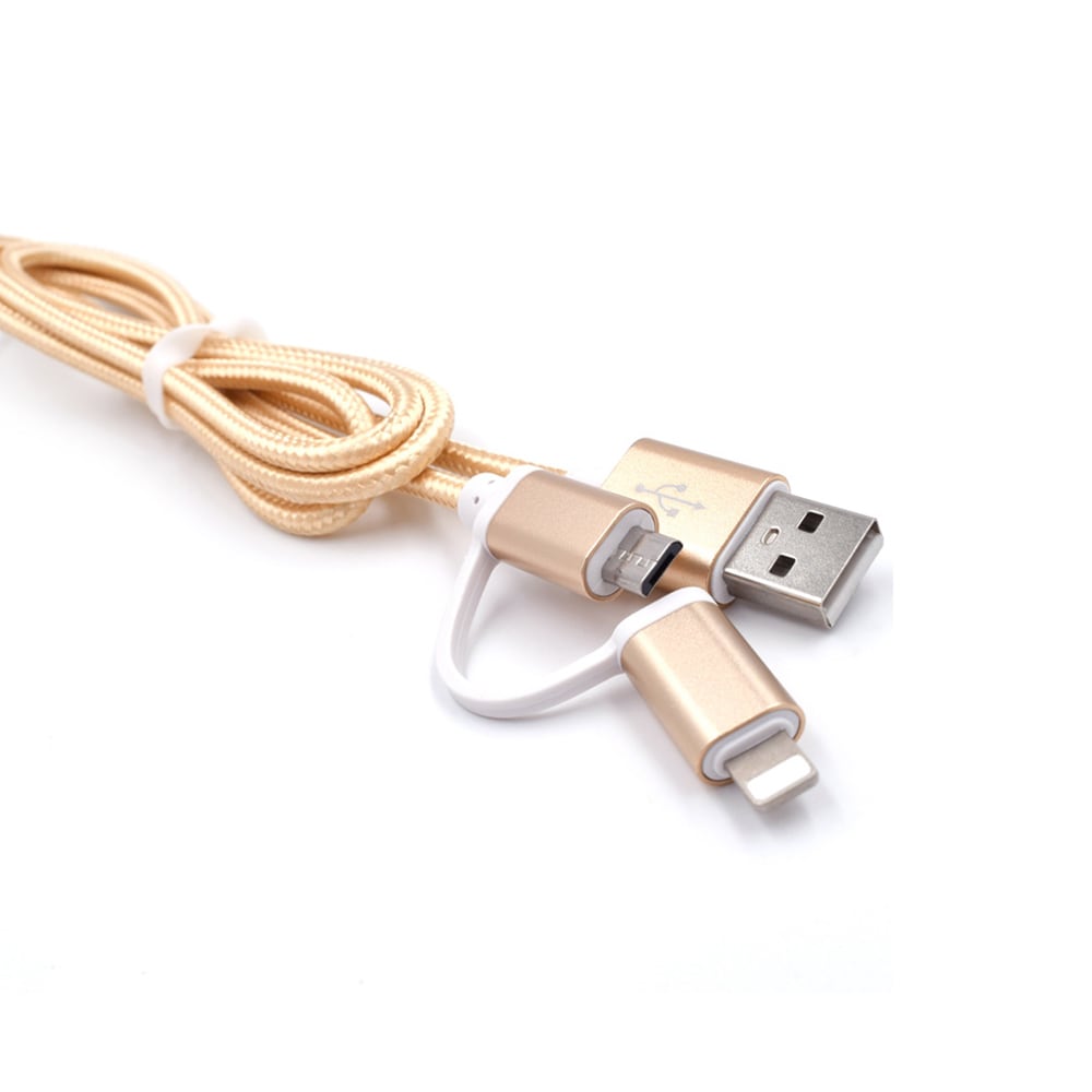 Flätad datakabel Micro USB och Lightning kontakt 2 m- Guld