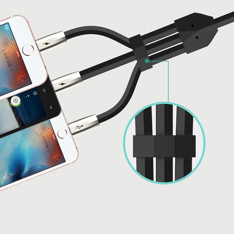 Laddkabel / grenkabel med dubbla iPhone-kontakter och en Micro-USB – Svart
