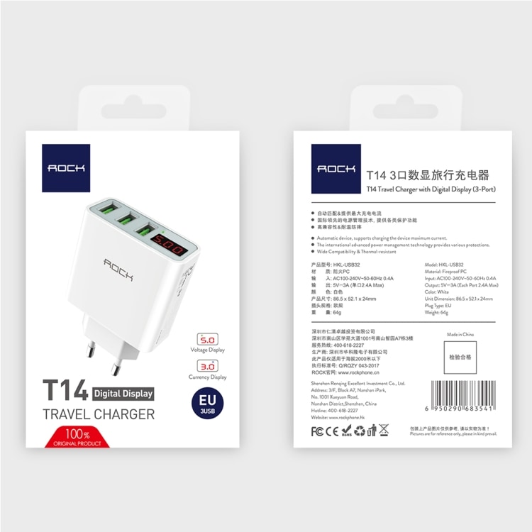 ROCK T14 3-Port USB-Laddare LED Display 3A