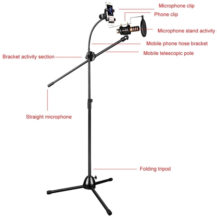 Tripod stativ med hållare för smartphone och mikrofon