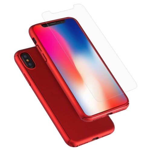 360-fodral och härdat skärmskydd / displayskydd iPhone XS – Rött