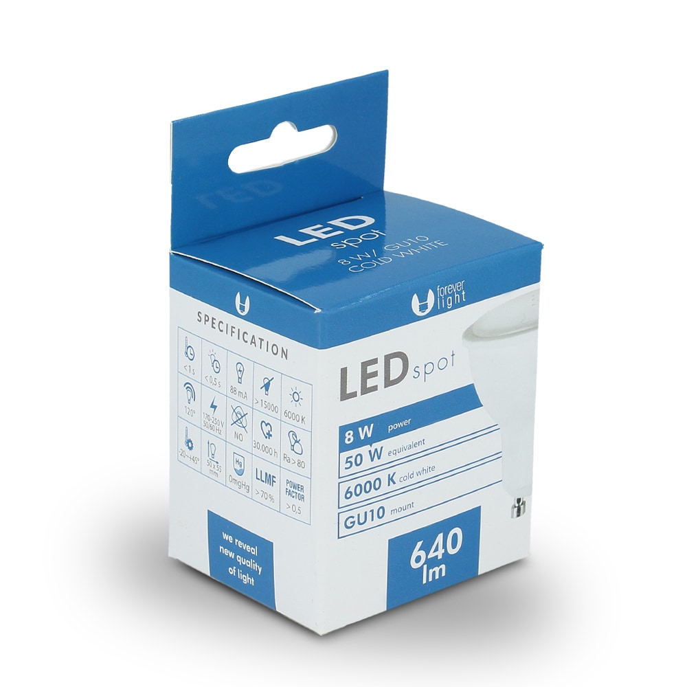 LED Lampa GU10 8W 230V - kall vit