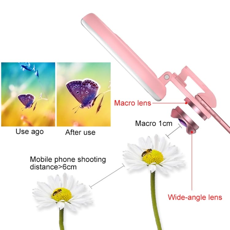 Vidvinkelsobjektiv med Ljus till Smartphone Rosa