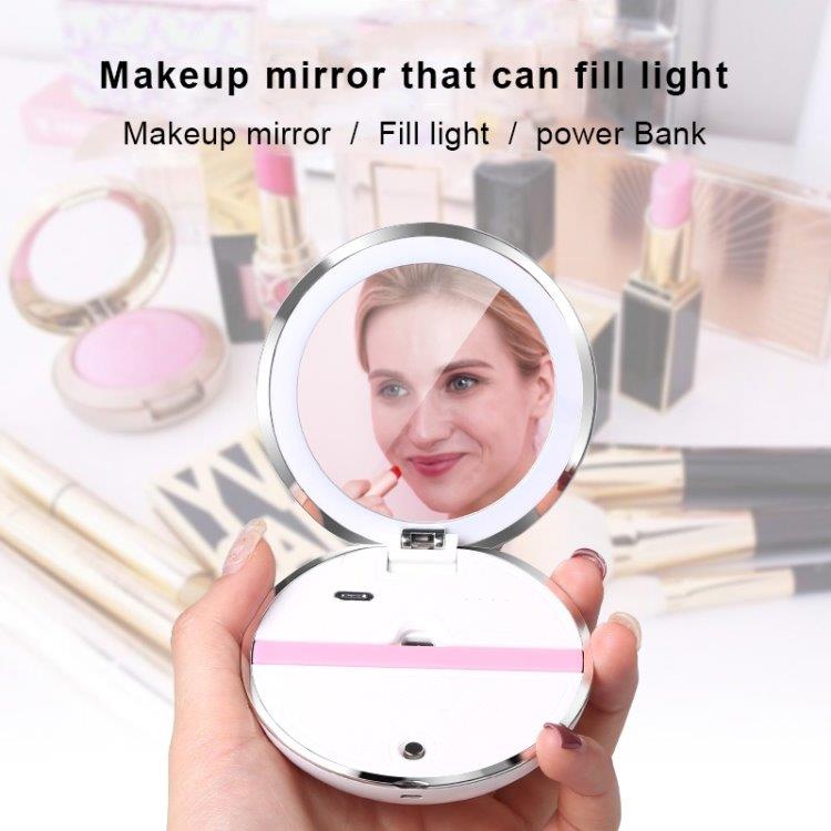 Selfie LED-lampa med inbyggd sminkspegel och powerbank - Rosa