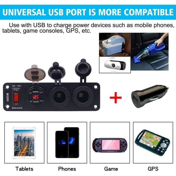 Panel för 12 volts / cigarettuttag/USB x 2 och voltmätare