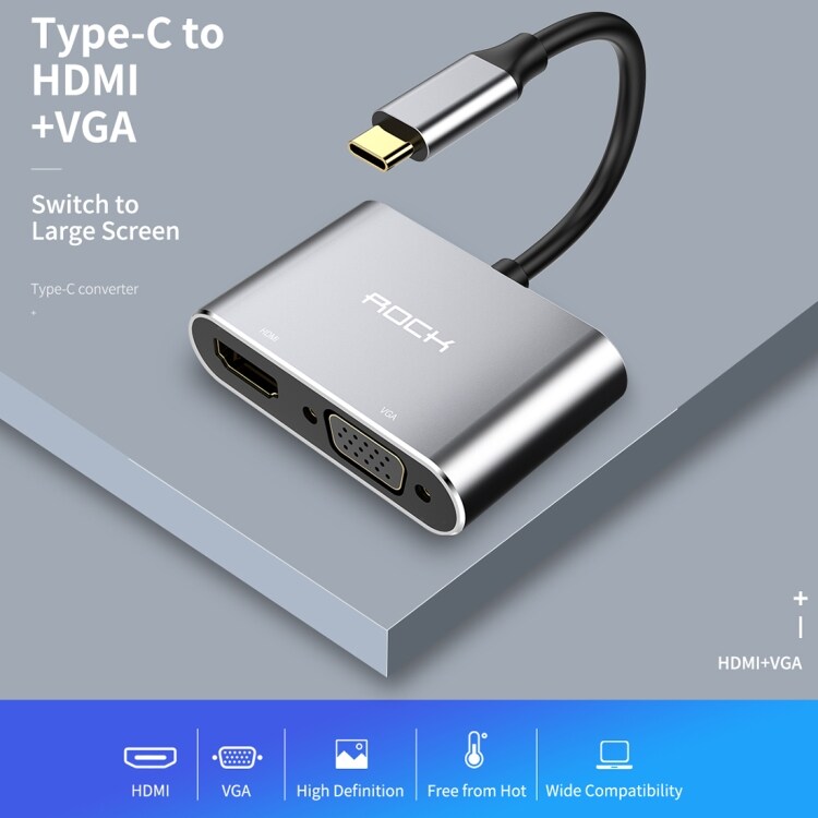 ROCK USB-C / Type-C till HDMI + VGA adapter