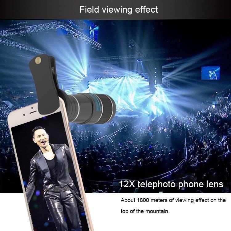 Teleobjektiv 12X optisk zoom med klämma för mobiltelefoner
