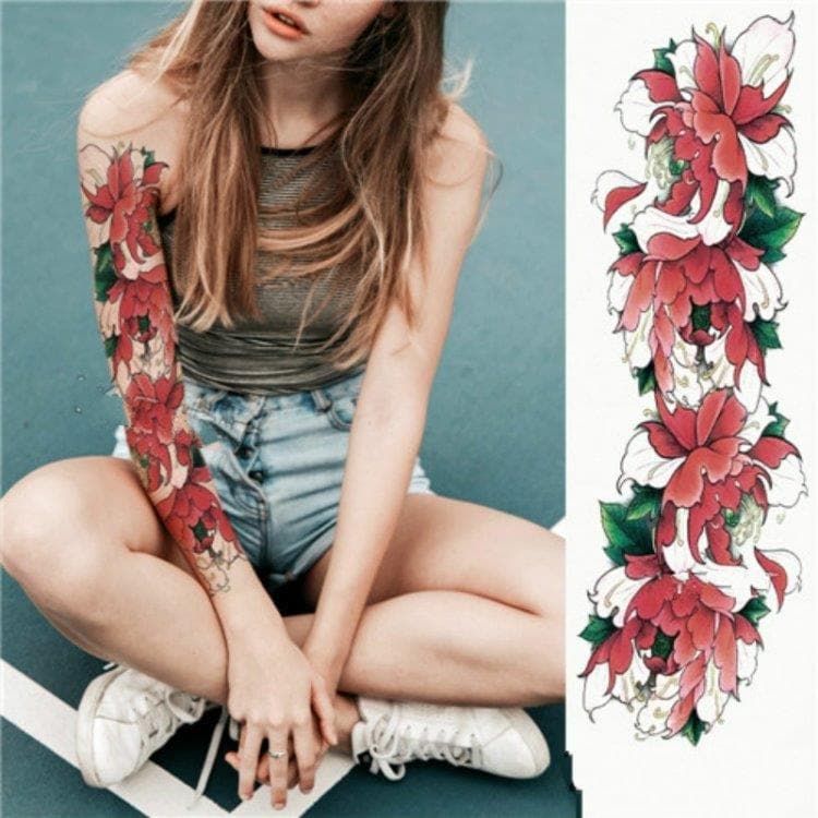 Tattoo Sleeves - Blommor/rött/grönt