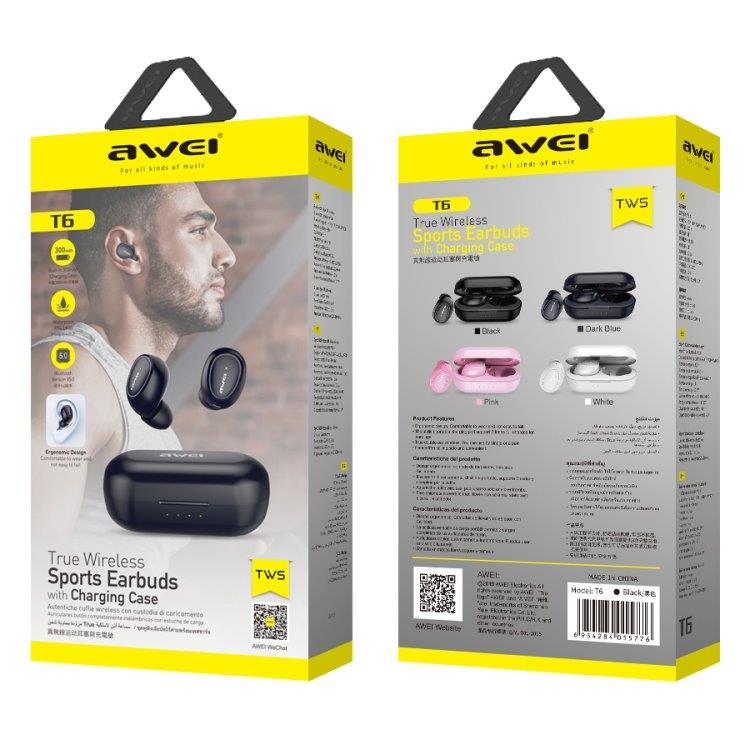 Trådlöst sport headset Awei T6 Bluetooth V5.0 - Svart