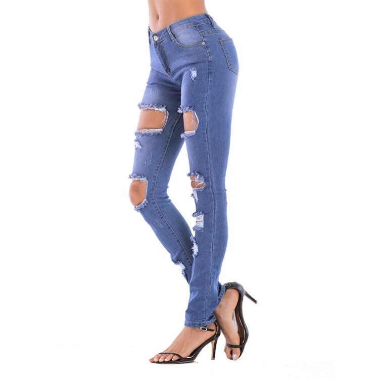 Strech Jeans med hål Blå - S