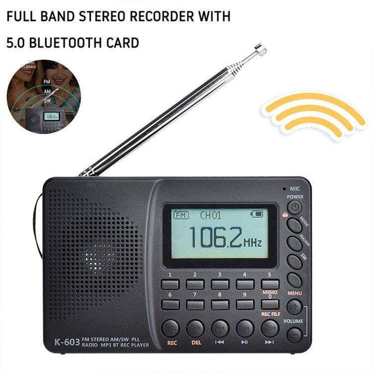 K-603 Portabel FM / AM / SW Stereo Radio med Bluetooth och TF kort, svart