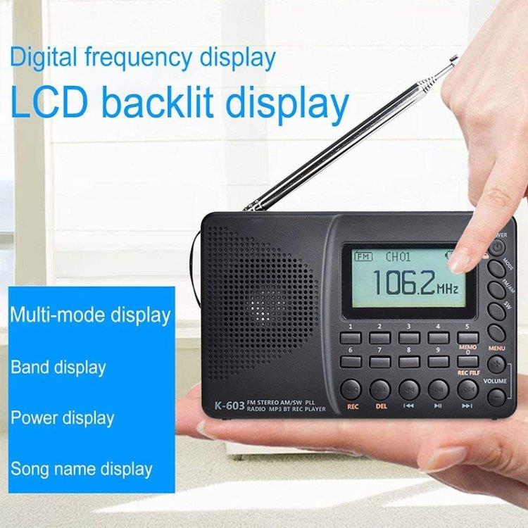 K-603 Portabel FM / AM / SW Stereo Radio med Bluetooth och TF kort, svart