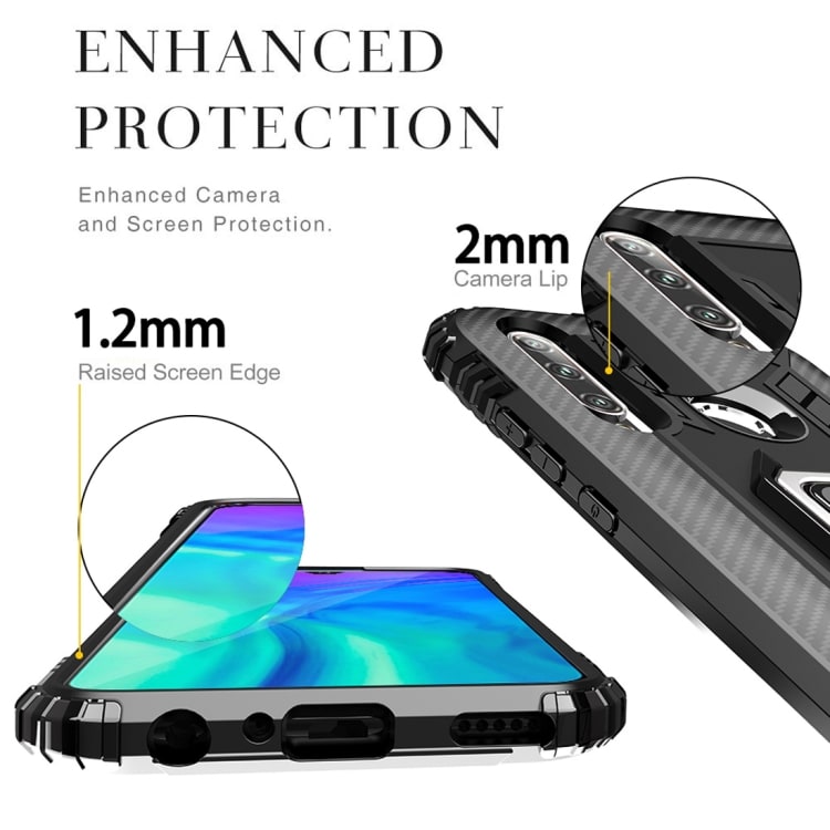 Shockproof Carbon Fiber skal med ringhållare Huawei Honor 20 Lite, Svart