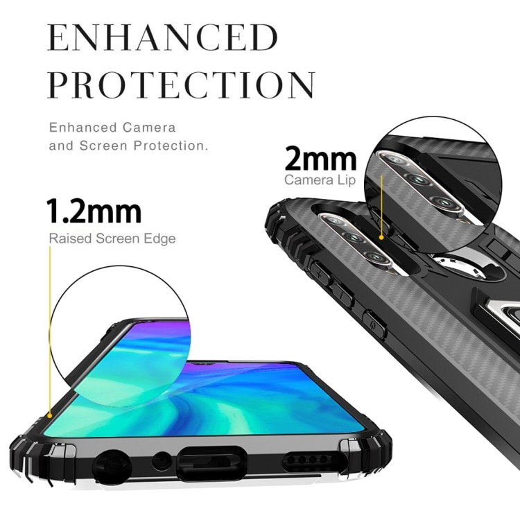 Shockproof Carbon Fiber skal med ringhållare Huawei Honor 10i / 20i, Svart