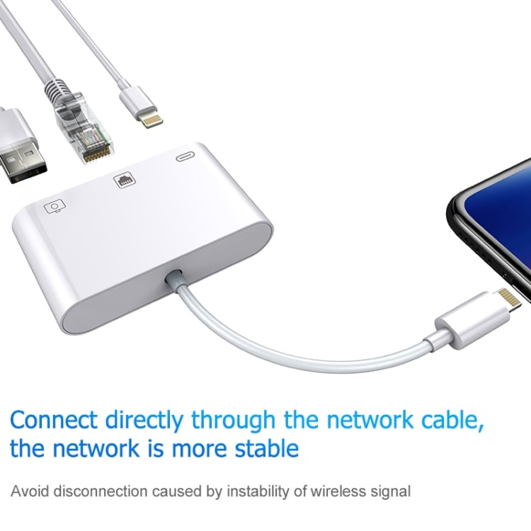 Multiport-adapter för iPhone och iPad med Lightning till Ethernet, USB och Lightning