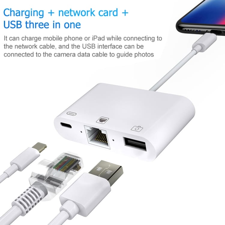 Multiport-adapter för iPhone och iPad med Lightning till Ethernet, USB och Lightning