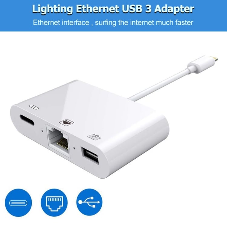 Multiport-adapter för iPhone och iPad med Lightning till Ethernet, USB och Lightning