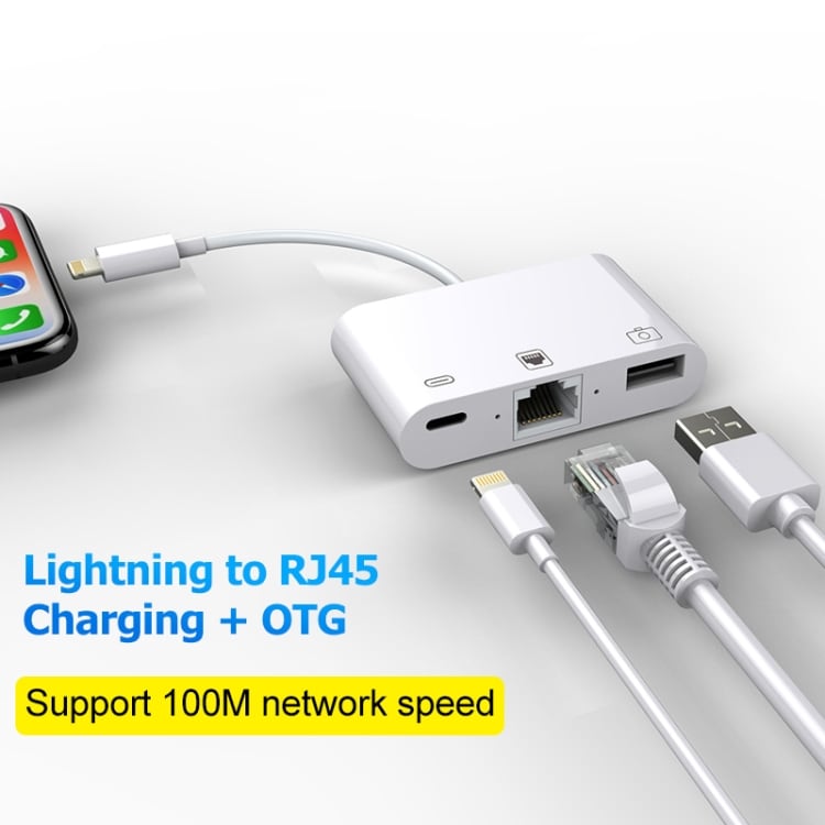 Multiport-adapter för iPhone och iPad med Lightning till Ethernet, USB och Lightning