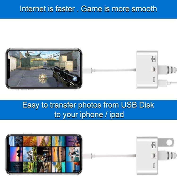 Multiport-adapter för iPhone och iPad med Lightning till Ethernet, USB och Lightning