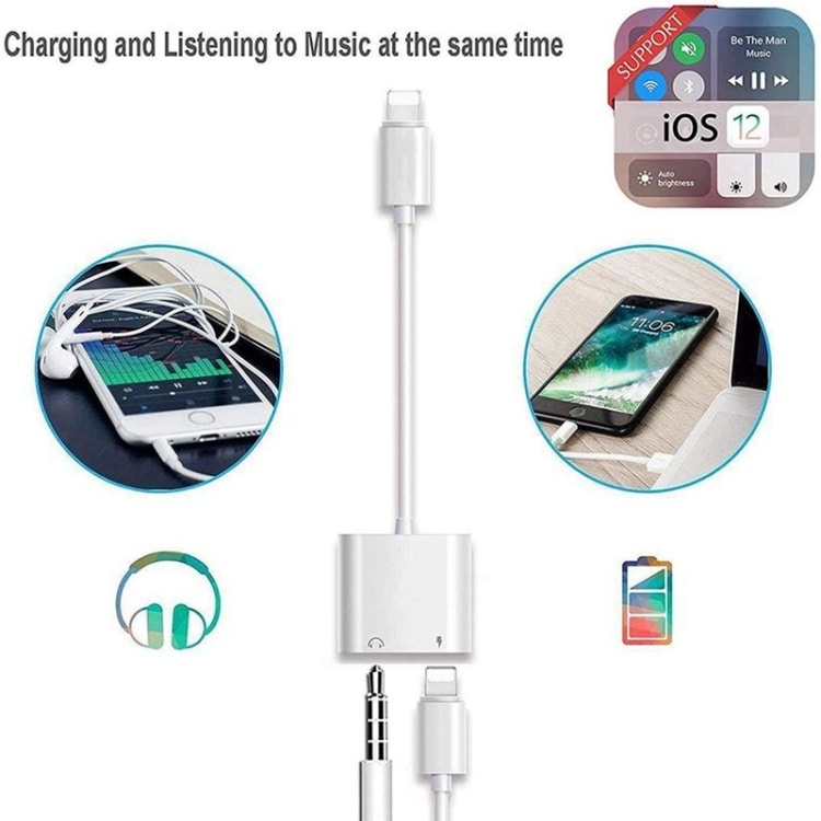 Ladd- och hörluradapter – Lightning till 3,5 mm & Lightning-port för musik och laddning samtidigt