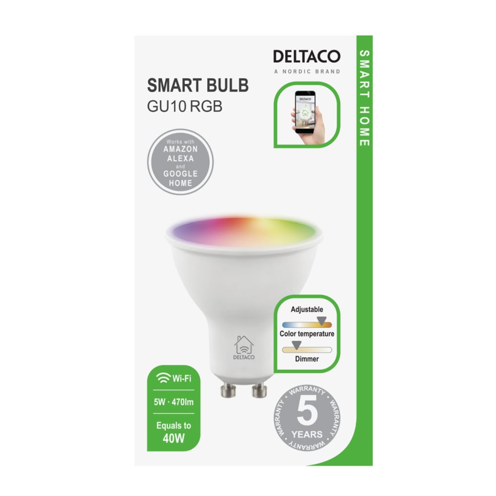 Deltaco Smart Home LED-lampa, GU10, WiFI, dimbar RGB