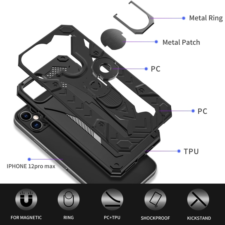 Iron Knight skyddskal med roterande stöd till iPhone 12 / 12 Pro - Svart