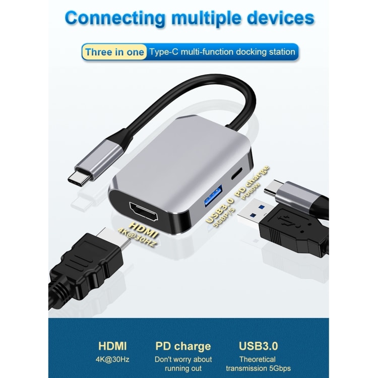 3-i-1-adapter USB-C till USB 3.0 + HDMI + PD-port
