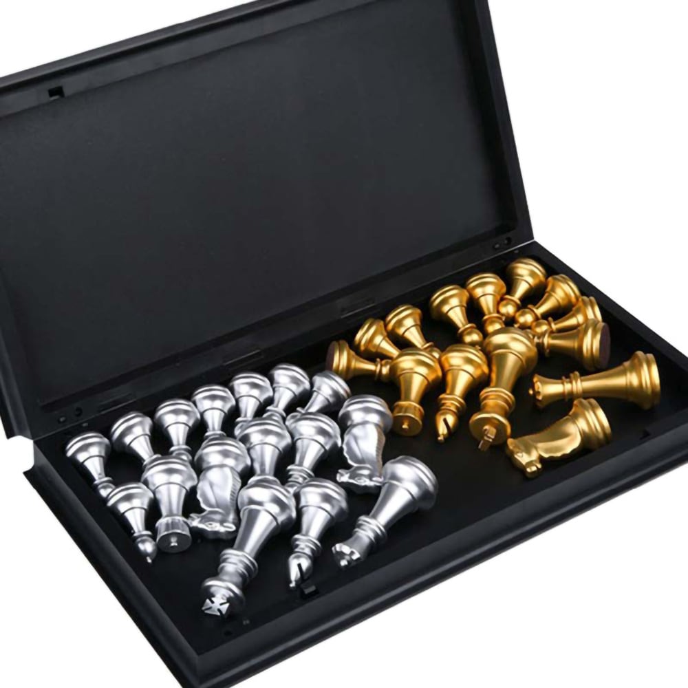 Schack Set - Gyllene Pjäser 32x32cm / Vikbart schackbräde / Schackspel med pjäsförvaring