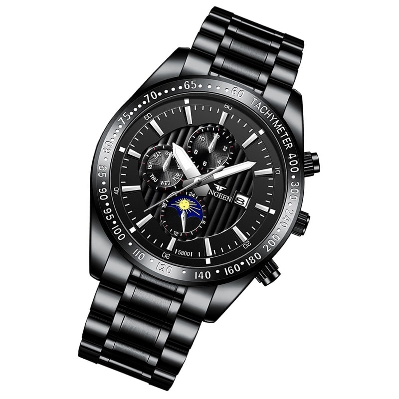 Vattentålig armbandsklocka - Svart armband med svart bakgrund och svart ram