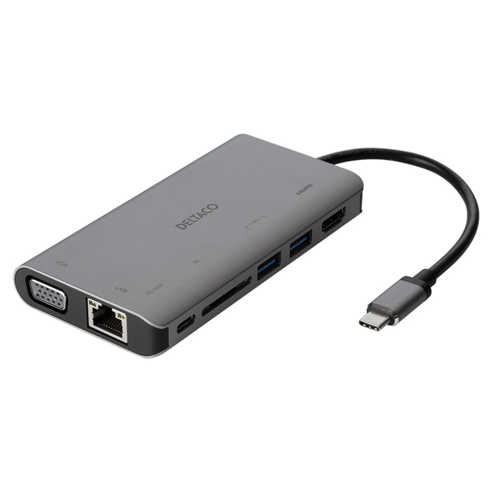 Deltaco USB-C till HDMI/VGA/USB/RJ45/SD-adapter