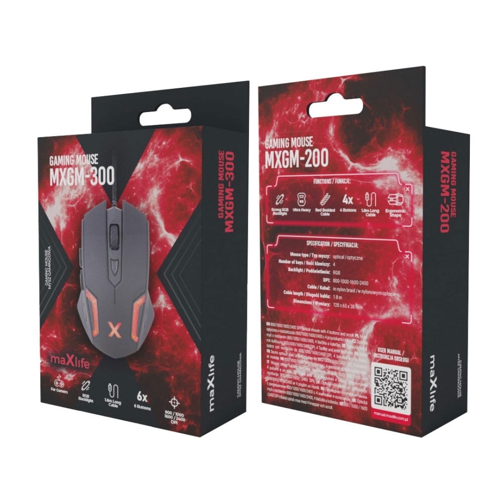 Maxlife Gaming MXGM-300 800/1000/1600/2400 DPI 1,8 m svart trådad mus