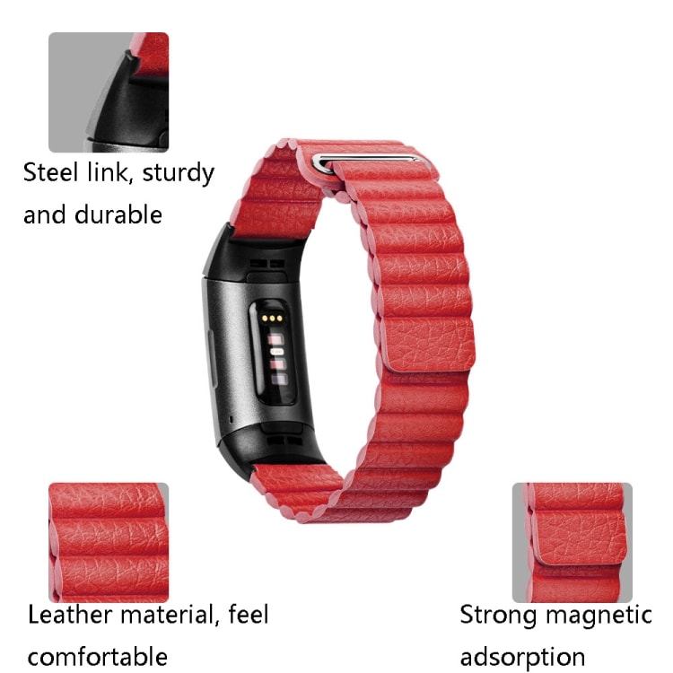 Rött armband i läder för Fitbit Charge 3/4 - large