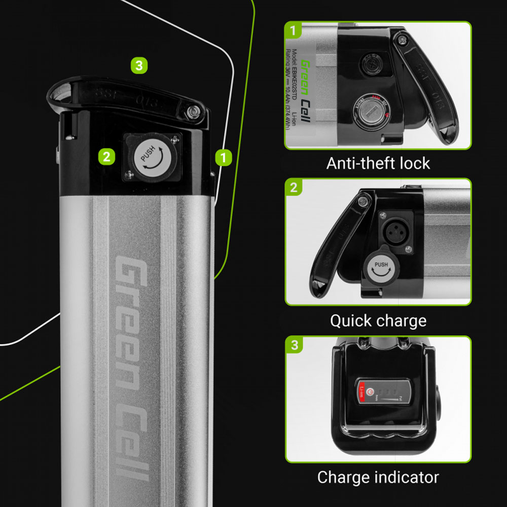 Green Cell elcykelbatteri Silverfish  24V 10.4Ah med laddare