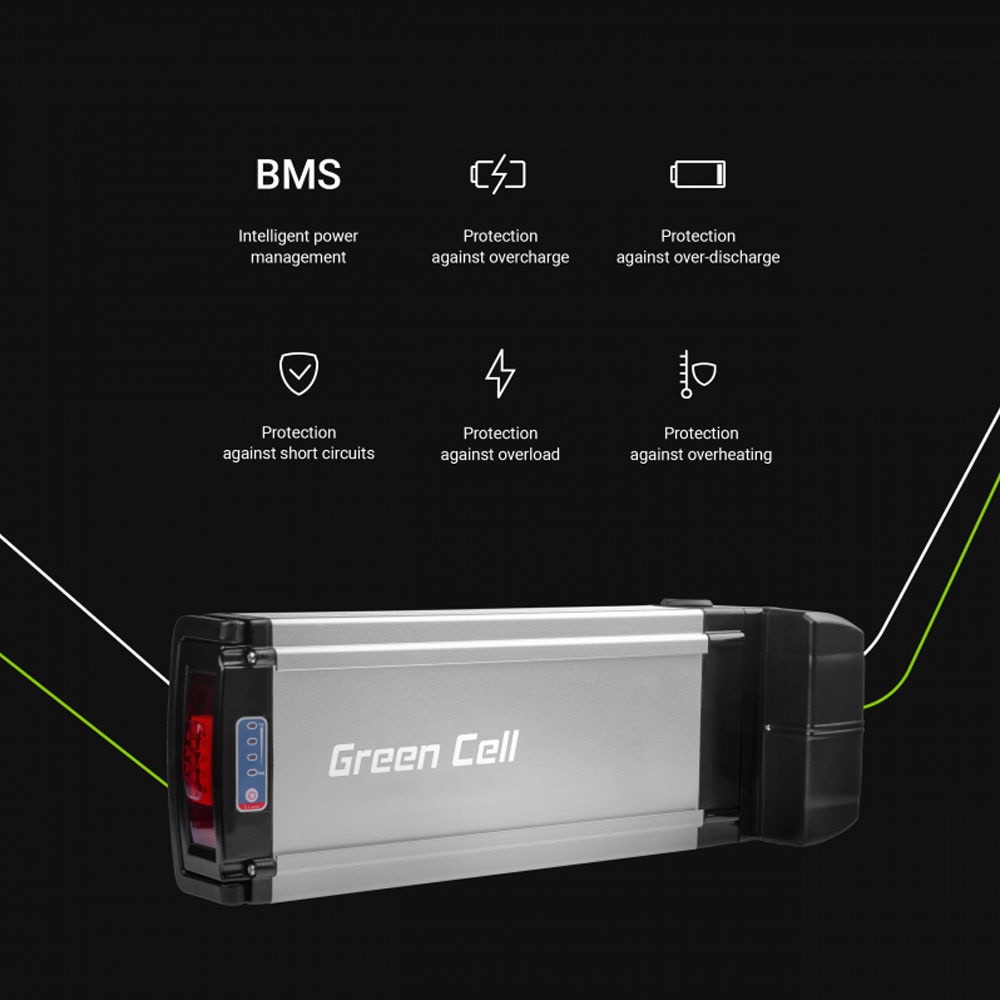 Green Cell elcykelbatteri bakre ställ 36V 12Ah 425x147x100mm med laddare - RCA
