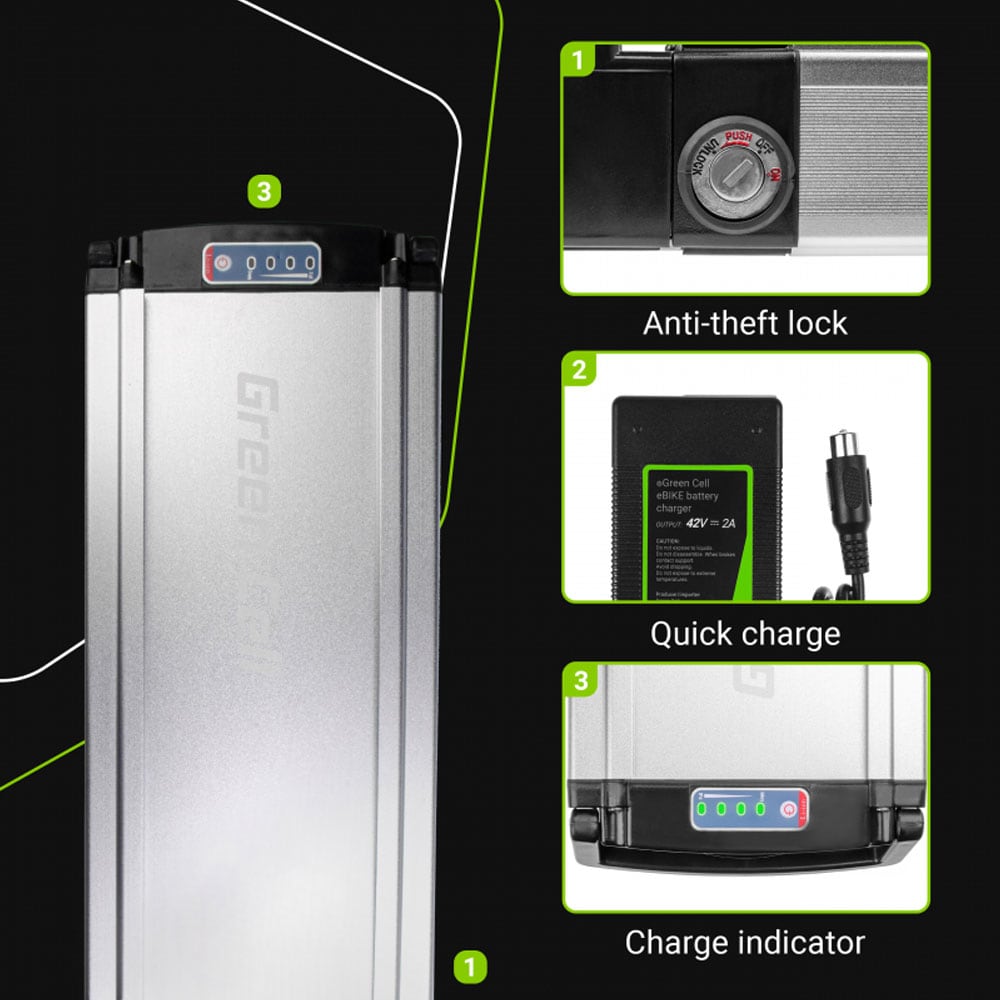 Green Cell elcykelbatteri bakre ställ 36V 12Ah 425x147x100mm med laddare - RCA