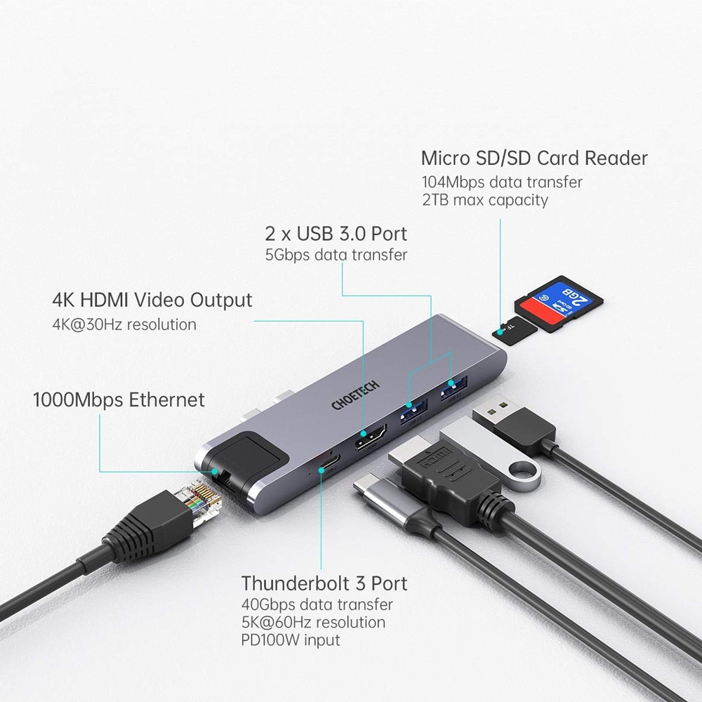 Choetech 7 i 1 USB-C Adapter till Macbook Pro (2017) (2018) Air (2018) (2020)